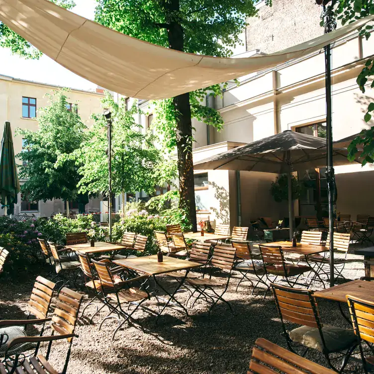 Innenhof mit grünen Bäumen, Sonnensegeln und Tischen im KINK Bar & Restaurant, einem der besten Restaurants mit Außenplätzen in Berlin.