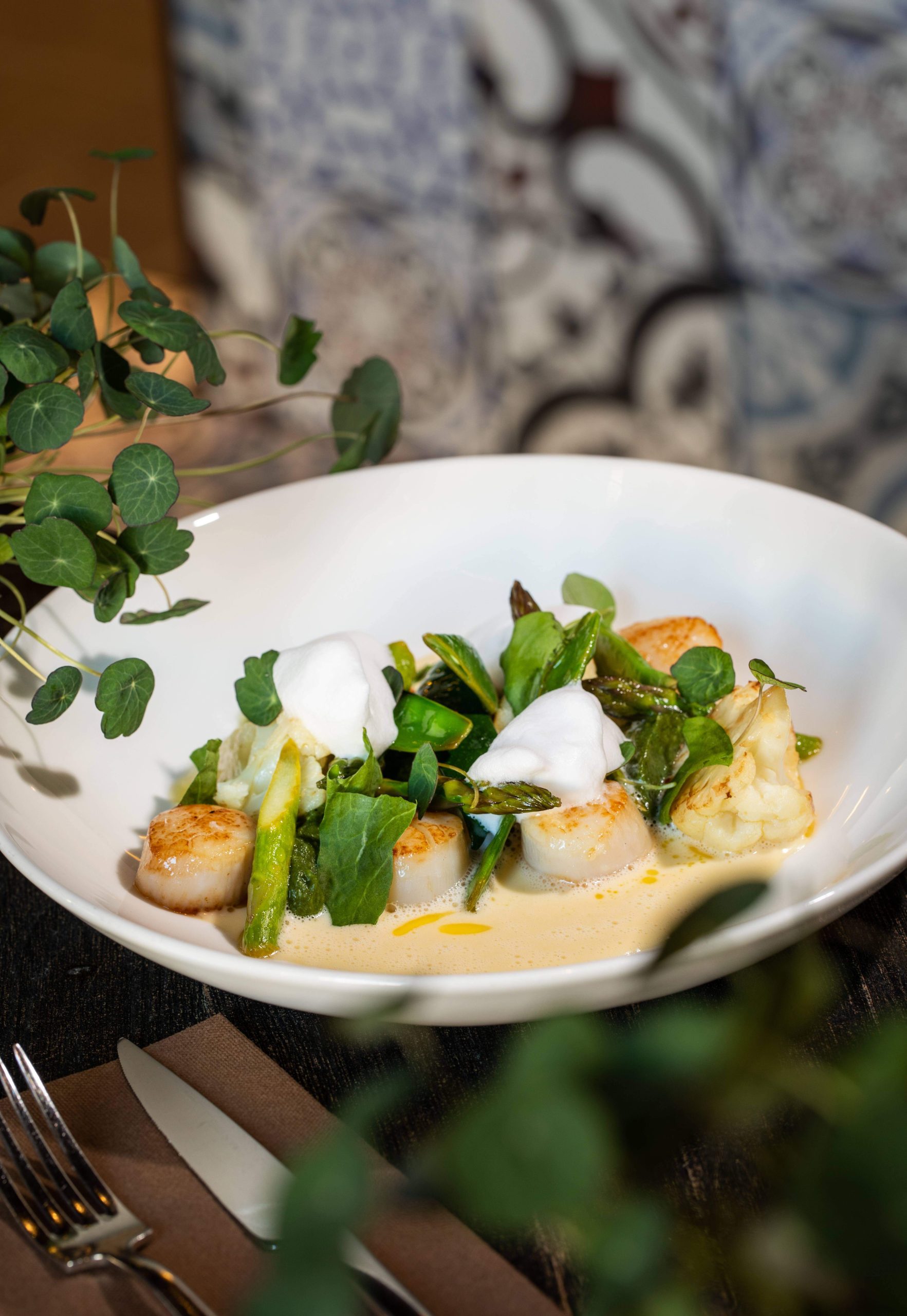 Meir Adonis Jakobsmuscheln mit Blumenkohl, Zuckerschoten, Petersilien- Bärlauch-Creme, Zucchini, Macadamianüsse, Sauerampfer und Yuzu beurre blanc.