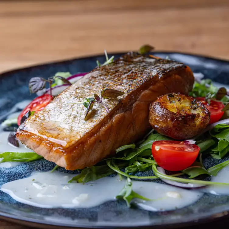 Gegrillter Lachs mit Haut und Salat im Pink Sunset, einem der besten neuen Restaurants in Berlin 2024.