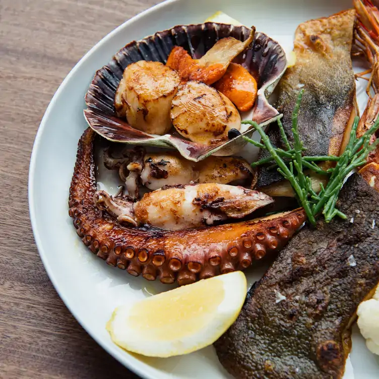 Teller mit bunter Mischung an Meeresspeisen vom Oktopusarm bis zu Calamari im Funky Fisch, einem der besten Fischrestaurants in Berlin.