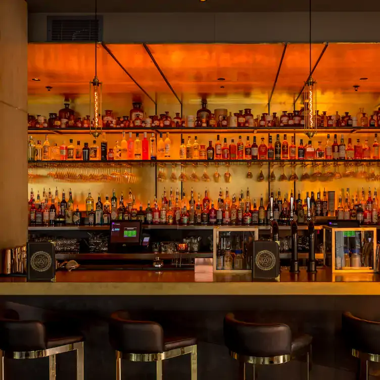 A dimly lit bar with bottles lined up on shelves at The Alchemist Bar & Restaurant in Berlin.